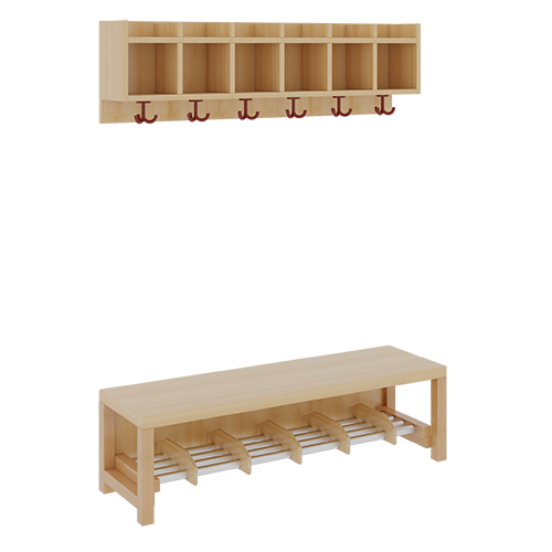 Komplettgarderobe mit einfacher Ablagereihe B/T: 120x35 cm, 6 Plätze, Sitzhöhe 42 cm, 2teilig ohne Stütze, Ablage zur Wandmontage, Alurohr-Schuhrost mit Trennungen