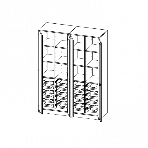 ErgoTray Schrank, zweiteilig, vierreihig, 5 Ordnerhöhen - evo180 Serie B/H/T: 140,6x190x50 cm, viertürig, zweiteilig, mit Sockel (81 mm), mit 2 Mittelwänden, mit 24 flachen ErgoTray Boxen
