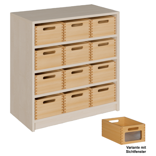Korpus-Regal mit Materialkästen B/H/T: 78x80x40 cm mit 12 Massivholz-Kästen mit Sichtfenster