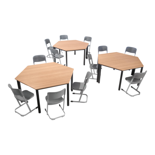 Trapeztischset Flexibel, 6x TT 16R60 in RAL Lichtgrau, Platte Buche, B/T: 140x70 cm