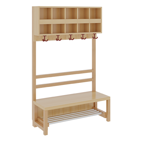 Komplettgarderobe mit doppelter Ablagereihe B/H/T: 100x158x39 cm, 5 Plätze, Sitzhöhe: 34 cm, offene Stütze in Buche-massiv, mit Schuhrost aus Aluminiumrohren