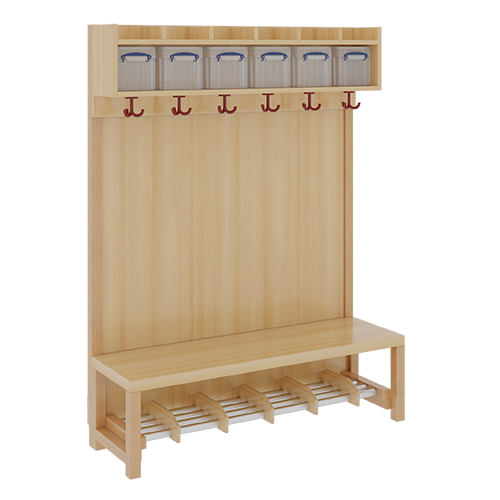 Komplettgarderobe mit einfacher Ablage inklusive Boxen B/H/T: 120x130x39 cm, 6 Plätze, Sitzhöhe 26 cm, mit Paneelrückwand, Schuhrost aus Aluminiumrohren mit Trennungen