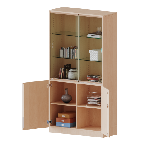 Kombischrank, 5 Ordnerhöhen, Drehtüren unten (2 OH), Glasschiebetüren oben (3 OH) - Serie evo180 B/H/T: 120x190x50 cm, alle Türen abschließbar, mit Sockel (81 mm)