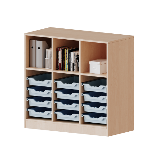 ErgoTray Regal, dreireihig, 2,5 Ordnerhöhen - evo180 Serie B/H/T: 104,5x100x40 cm, fahrbar, oben 3 Fächer, unten 12 flache ErgoTray Boxen
