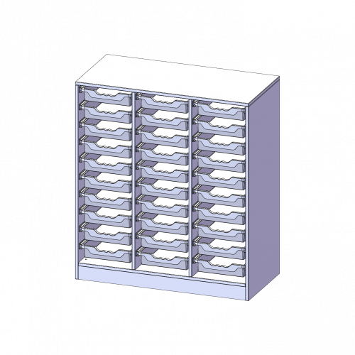 ErgoTray Regal, dreireihig, 3 Ordnerhöhen - evo180 Serie B/H/T: 104,5x118x50 cm, mit Sockel (81 mm), 30 flache ErgoTray Boxen