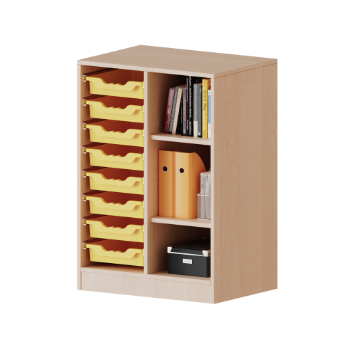 ErgoTray Regal, zweireihig, 2,5 Ordnerhöhen - evo180 Serie B/H/T: 70,3x100x40 cm, mit Möbelstellfüßen, rechts 3 Fächer, links 8 flache ErgoTray Boxen