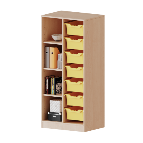 ErgoTray Regal, zweireihig, 4 Ordnerhöhen - evo180 Serie B/H/T: 70,3x154x40 cm, mit Sockel (81 mm), links 4 Fächer, rechts 7 hohe ErgoTray Boxen