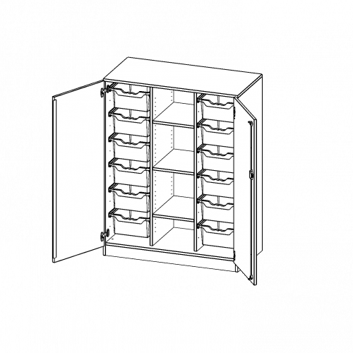 ErgoTray Schrank, dreireihig, 3,5 Ordnerhöhen - evo180 Serie B/H/T: 104,5x136x50 cm, zweitürig, mit Sockel (81 mm), mit 12 hohen ErgoTray Boxen