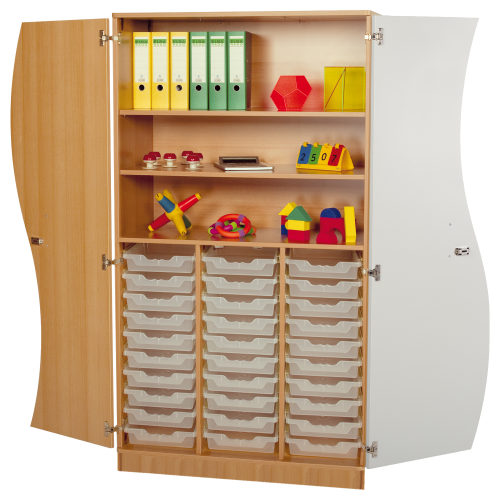 Hochschrank mit Wellentüren, 30 flache ErgoTray Boxen & 2 Einlegeböden B/H/T: 104,5x190x50 cm, Türen Farbe Rot