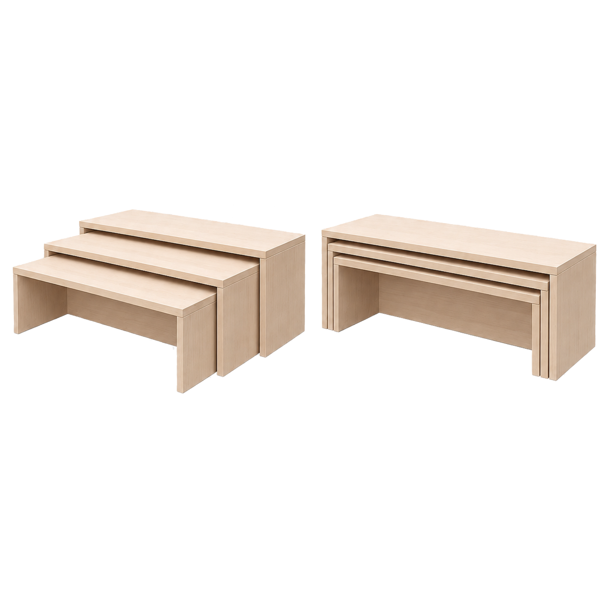 Set aus 3 untereinander schiebbaren Sitzbänken mit stabilen 25-mm-Sitzplatten B/H/T der Bank-Einzelmaße: 105x40x32,5 // 100x35x30,0 // 95x30x27 cm
