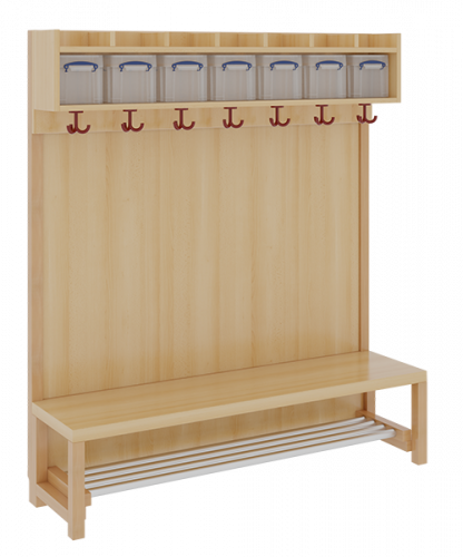 Komplettgarderobe mit einfacher Ablage inklusive Boxen B/H/T: 140x158x39 cm, 7 Plätze, Sitzhöhe: 42 cm, Stütze mit Paneelrückwand, mit Schuhrost aus Aluminiumrohren