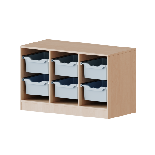 ErgoTray Regal, dreireihig, 1,5 Ordnerhöhen - evo180 Serie B/H/T: 104,5x64x40 cm, mit Sockel (81 mm), 6 hohe ErgoTray Boxen