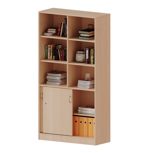 Kombischrank, 5 Ordnerhöhen, Schiebetüren unten (2 OH), oben 3 offene Fächer - Serie evo180 B/H/T: 120x190x50 cm, 2 Schiebetüren, abschließbar, mit Sockel (81 mm)