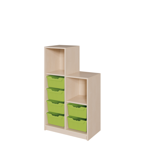 Korpus-Regal "SideStep", Regale und Boxen B/H/T: 70,5x80/120x40 cm, in stufenartiger Kontur, mit 6 Boxen und Regalfächern, hohe Seite links