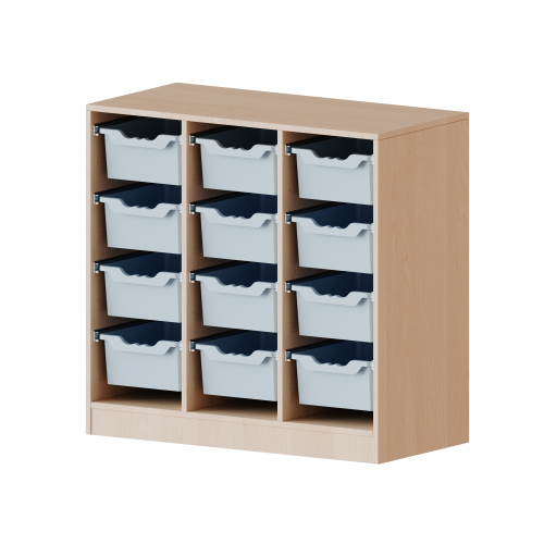 ErgoTray Regal, dreireihig, 2,5 Ordnerhöhen - evo180 Serie B/H/T: 104,5x100x40 cm, mit Sockel (81 mm), 12 hohe ErgoTray Boxen