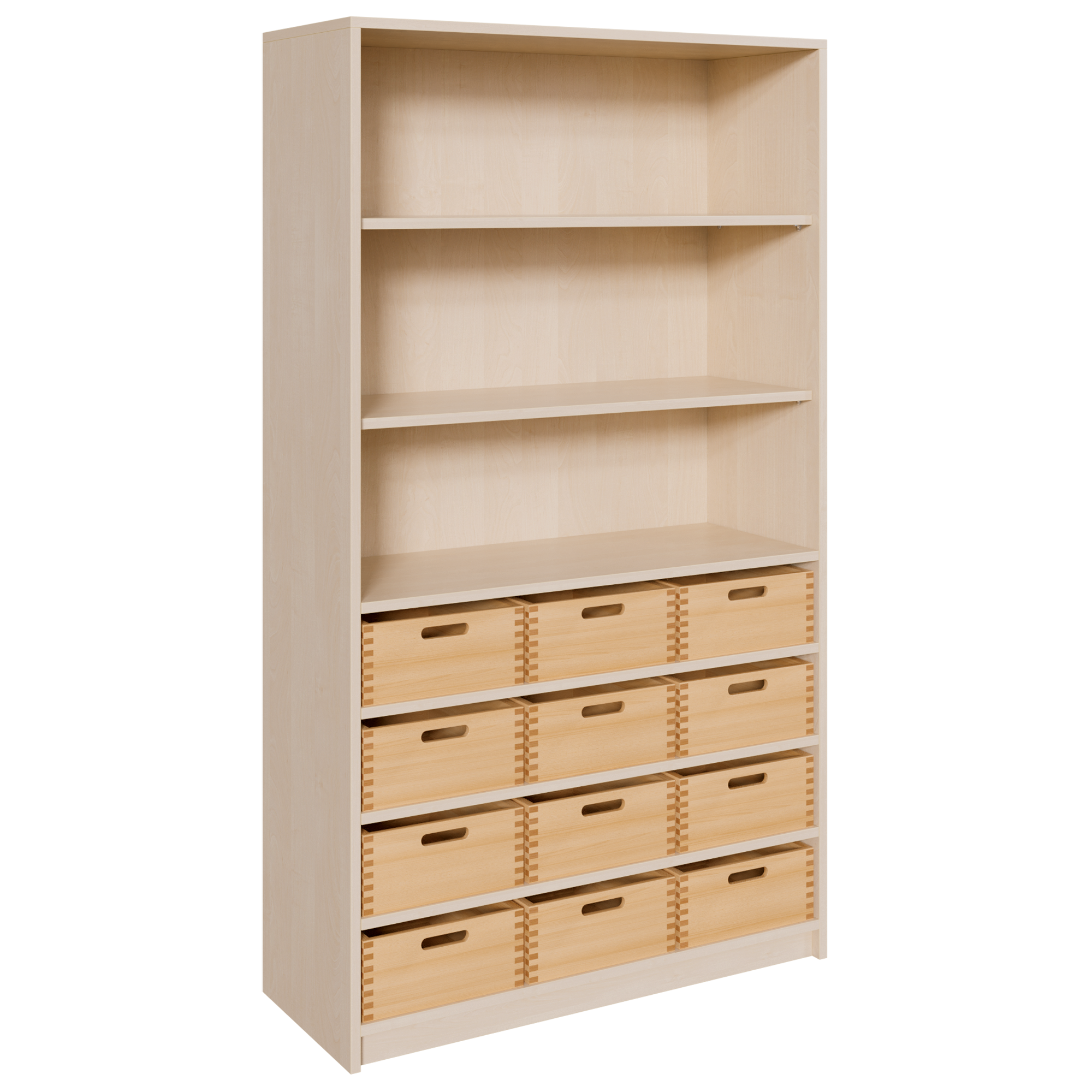 Korpus-Regal mit Materialkästen und offenen Fächern B/H/T: 102x180x40 cm, mit 12 Massivholz-Kästen (ohne Sichtfenster), oben Regal mit 3 Fächern