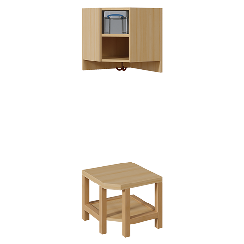 Garderoben-Innenecke, für doppelte Ablage inklusive Box B/T: 43x43 cm, Sitzhöhe: 26 cm, 2teilig ohne Stütze, Ablage zur Wandmontage, unter Bank Schuhablage