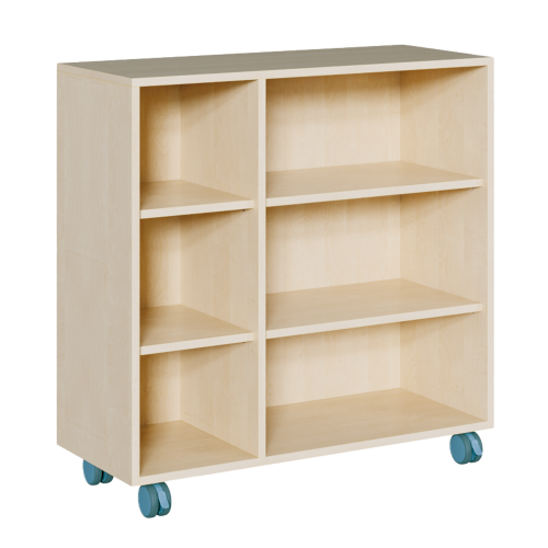 fahrbares Regal in Korpusbauweise B/H/T: 105x82,5x40 cm, Mittelwand außermittig versetzt, 6 Fächer