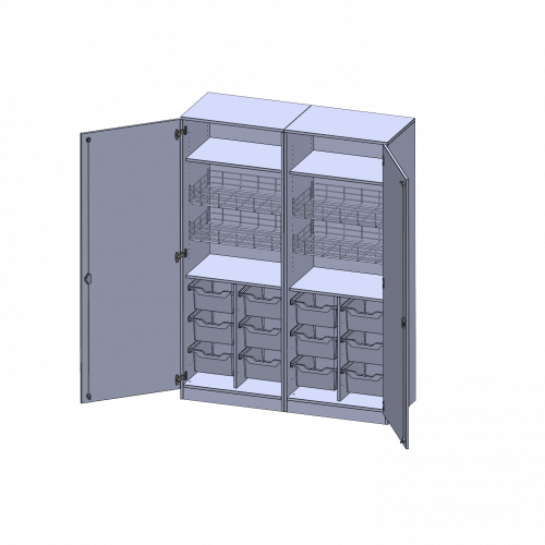 Sportschrank, 5 Ordnerhöhen - Serie evo180 B/H/T: 140,6x190x60 cm, 4 Ballkörbe, 12 hohe ErgoTray Boxen, mit Sockel (81 mm)