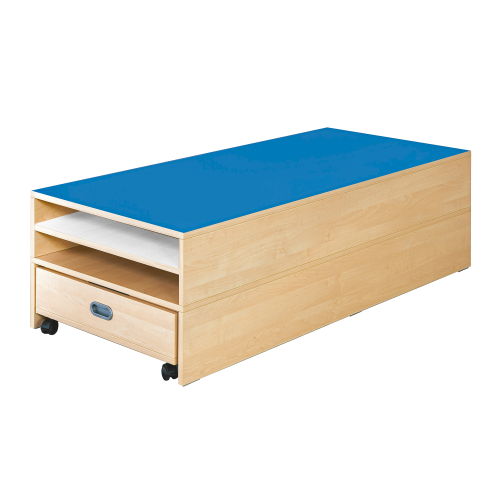 Rechteck-Podest mit Auszugsbett, Linoleum-Deckplatte B/H/T: 150x46x70 cm, für 140er Liegepolster, zusätzlicher Aufsatz für 2 weitere Liegepolster