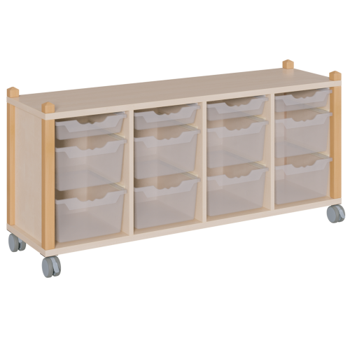 fahrbares Regal in Stollenbauweise B/H/T: 143,3x62,5x40 cm, in 4 Reihen 4 flache und 8 hohe ErgoTray-Boxen