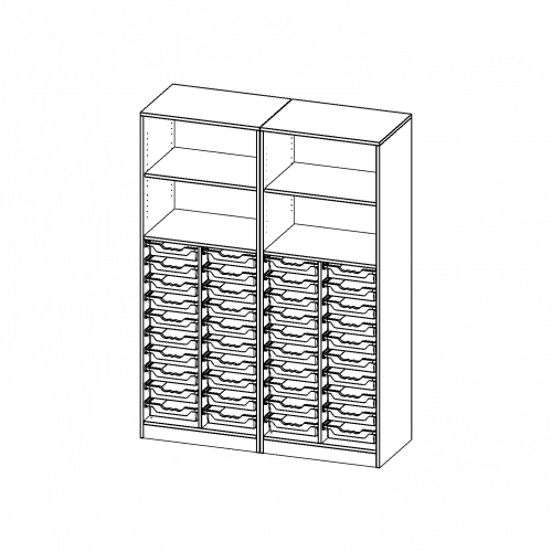 ErgoTray Regal, vierreihig, 5 Ordnerhöhen - evo180 Serie B/H/T: 140,6x190x50 cm, mit Sockel (81 mm), zweiteilig, unten 40 flache ErgoTray Boxen, oben 2 Einlegeböden