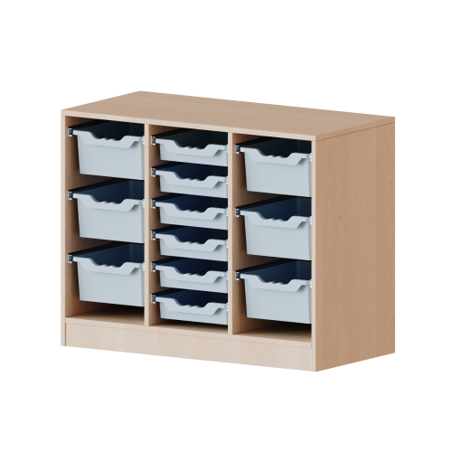 ErgoTray Regal, dreireihig, 2 Ordnerhöhen - evo180 Serie B/H/T: 104,5x82x40 cm, mit Möbelstellfüßen, rechts und links je 3 hohe, in der Mitte 6 flache ErgoTray Boxen