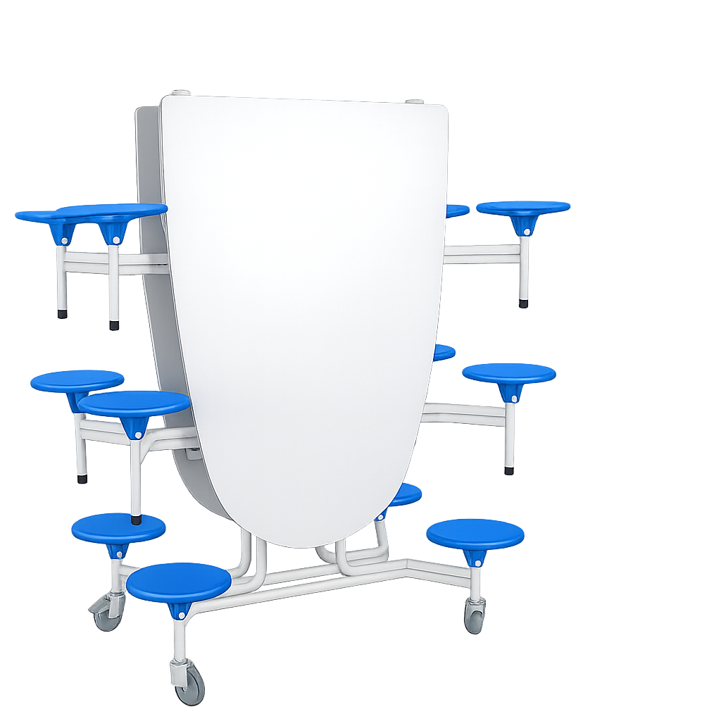 Spaceflex 2.0 Klapptisch mit integrierten Stühlen, oval, Vollkernplatte "PowerSurf" B/H/T: 305x74x107 cm, 12 Sitze Farbe Blau, Sitzhöhe 46 cm