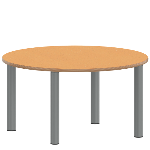 Tisch ZALOTTI mit Linoleum-Belag Rundtisch, Durchmesser/H: 100x25 cm, Stahlrohrbeine Ø 60 mm, Fußvariante: Stellfuß, Tischbeine mit RAL-Farbe 9006 (weißaluminium)