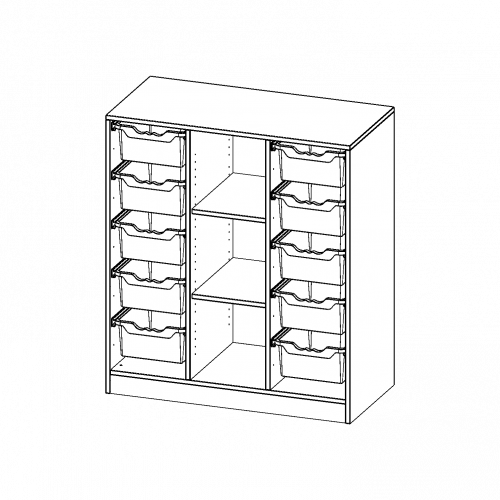 ErgoTray Regal, dreireihig, 3 Ordnerhöhen - evo180 Serie B/H/T: 104,5x118x50 cm, mit Sockel (81 mm), rechts und links je 5 hohe ErgoTray Boxen, 3 Fächer in der Mitte