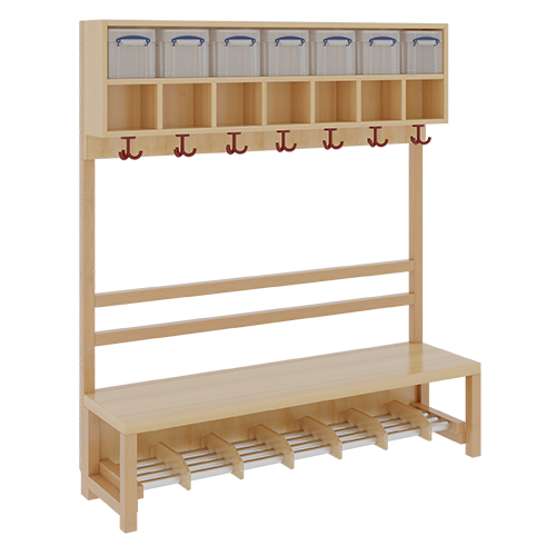 Komplettgarderobe mit doppelter Ablagereihe inklusive Boxen B/H/T: 140x158x39 cm, 7 Plätze, Sitzhöhe 34 cm, offene Stütze, Schuhrost aus Aluminiumrohren mit Trennungen