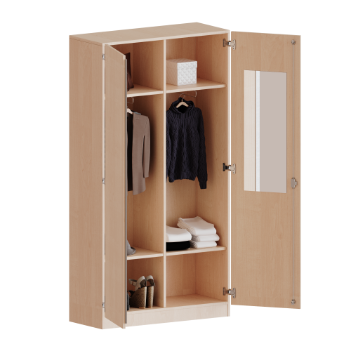 Garderobenschrank mit Spiegel und Garderobenstange, 5 Ordnerhöhen - Serie evo180 B/H/T: 120x190x60 cm, 2 Türen, abschließbar, mit Mittelwand, beide Seiten Garderobe, Sockel