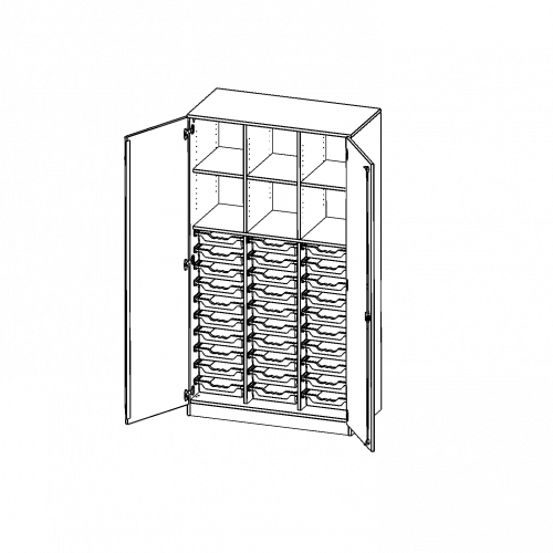 ErgoTray Schrank, dreireihig, 5 Ordnerhöhen - evo180 Serie B/H/T: 104,5x190x50 cm, zweitürig, mit Sockel (81 mm), mit 2 Mittelwänden, mit 30 flachen ErgoTray Boxen