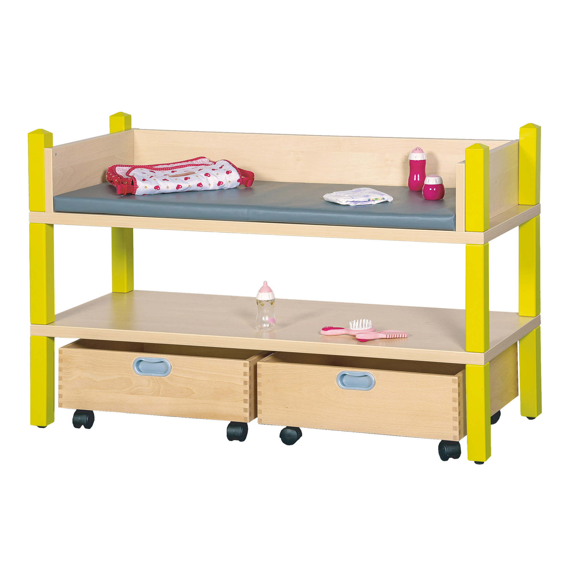 Stollen-Wickeltisch mit Auflage und Rollkästen B/H/T: 106x60x40 cm, mit Schaumgummiauflage, unten mit 2 Rollkästen