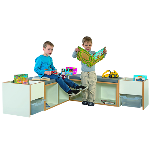 Leseinsel Sitzecke mit Sitzpolster B/H/T: 154x40x154 cm, 2 Bänke mit Sitzpolster, 2 Bücherkisten mit Ergotray Box, Innenecke