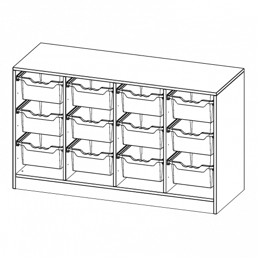 ErgoTray Regal, vierreihig, 2 Ordnerhöhen - evo180 Serie B/H/T: 138,7x82x50 cm, mit Sockel (81 mm), 12 hohe ErgoTray Boxen