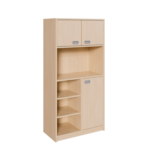 Korpus-Schrank, unten Tür und Regal, oben Doppeltüren B/H/T: 78x180x40 cm, unten rechts Tür, links Regal unten insgesamt 6 Fächer, Mitte offenes Fach, oben Doppeltür mit 2 Fächern