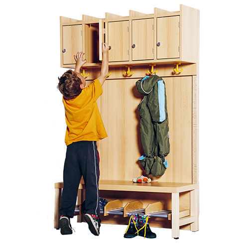 Komplettgarderobe mit Ablagen und Türen B/H/T: 100x158x39 cm, 5 Plätze, Sitzhöhe: 34 cm, Stütze mit Paneelrückwand, Schuhrost aus Aluminiumrohren mit Facheinteilungen