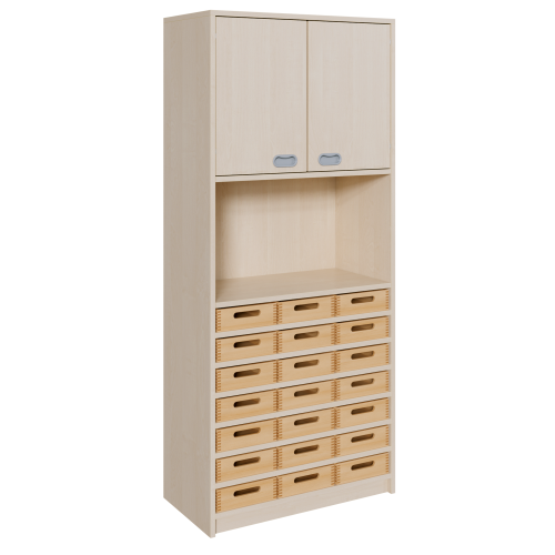 Korpus-Kombischrank mit Materialkästen und 2 Türen B/H/T: 78x180x40 cm, unten 21 Massivholz-Kästen, oben 2 Türen und 2 Fächer; mittig großes Regalfach