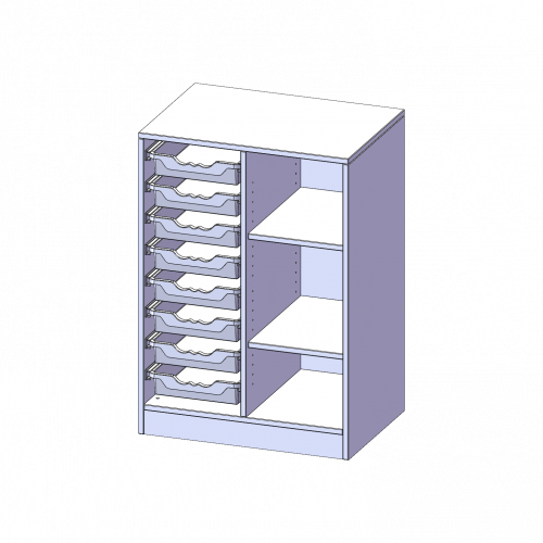 ErgoTray Regal, zweireihig, 2,5 Ordnerhöhen - evo180 Serie B/H/T: 70,3x100x50 cm, mit Sockel (81 mm), rechts 3 Fächer, links 8 flache ErgoTray Boxen