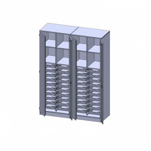 ErgoTray Schrank, zweiteilig, vierreihig, 5 Ordnerhöhen - evo180 Serie B/H/T: 140,6x190x50 cm, viertürig, zweiteilig, mit Sockel (81 mm), mit 2 Mittelwänden, mit 40 flachen ErgoTray Boxen