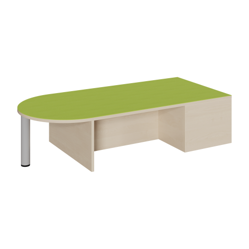 Freiform-Podest, zweiseitig offen und Halbrundansatz, Linoleum-Deckplatte B/H/T: 150x35x70 cm, mit 2 Rollkastengaragen und Halbrundbereich R 35 cm offen mit Stützfuß
