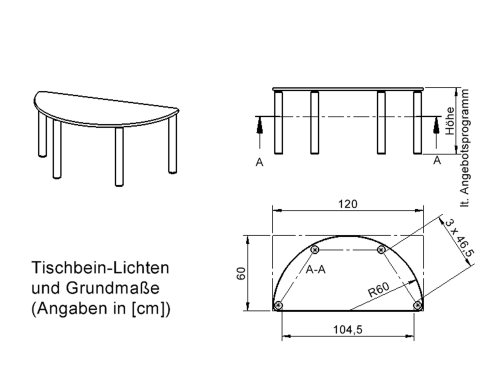 Tisch ZALOTTI mit Schichtstoff-Belag Halbrundtisch, B/H/T: 120x25x60 cm, Massivholzbeine Ø 60 mm, Fußvariante: fahrbar