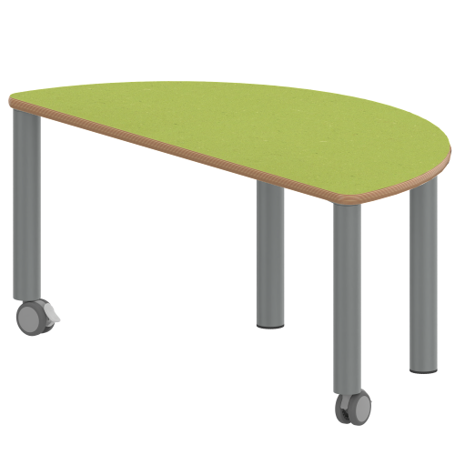 Tisch ZALOTTI mit Linoleum-Belag Halbrundtisch, B/H/T: 120x41x60 cm, Stahlrohrbeine Ø 60 mm, Fußvariante: fahrbar, Tischbeine mit RAL-Farbe 9006 (weißaluminium)