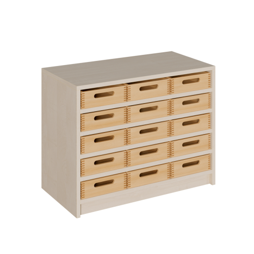 Korpus-Regal mit flachen Materialkästen B/H/T: 78x60x40 cm mit 15 Massivholz-Kästen