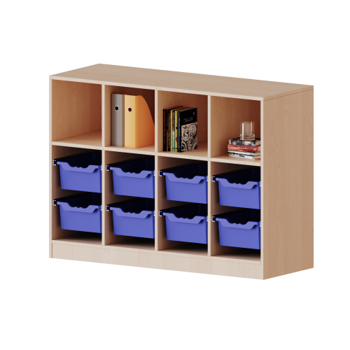 ErgoTray Regal, vierreihig, 2,5 Ordnerhöhen - evo180 Serie B/H/T: 138,7x100x40 cm, mit Sockel (81 mm), oben 4 Fächer, unten 8 hohe ErgoTray Boxen