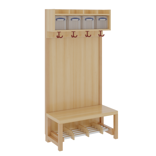 Komplettgarderobe mit einfacher Ablage inklusive Boxen B/H/T: 80x130x39 cm, 4 Plätze, Sitzhöhe 34 cm, mit Paneelrückwand, Schuhrost aus Aluminiumrohren mit Trennungen