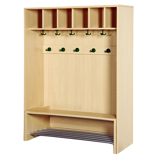 Korpus-Garderobe mit einschiebbarer Bank B/H/T: 120x158x46 cm, 6 Plätze, Bank aus feuerhemmendem Material mit Schuhrost, je Platz mit 3fach- und 2fach-Haken