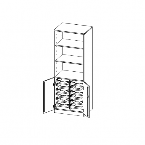 ErgoTray Kombi-Schrank, zweireihig, 5 Ordnerhöhen - evo180 Serie B/H/T: 70,3x190x50 cm, 2 OH unten mit Türen und 12 flachen ErgoTray Boxen, oben 3 OH Regal, mit Sockel (81 mm)