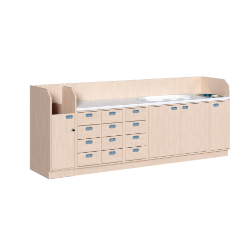 Wickelkommode, vierreihig zuzüglich Badewanne und Waschbecken B/H/T: 285x113x71,5 cm, Integrierter Aufgang links, 12 Schübe und Badewanne, Waschbecken rechts